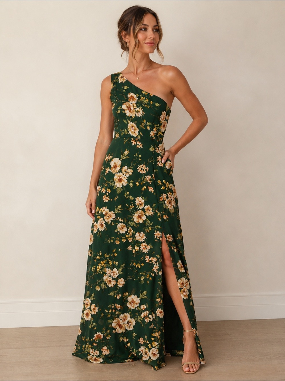 Lulus Elegant Admiration Green Floral One Shoulder Maxi Dress Slit Large